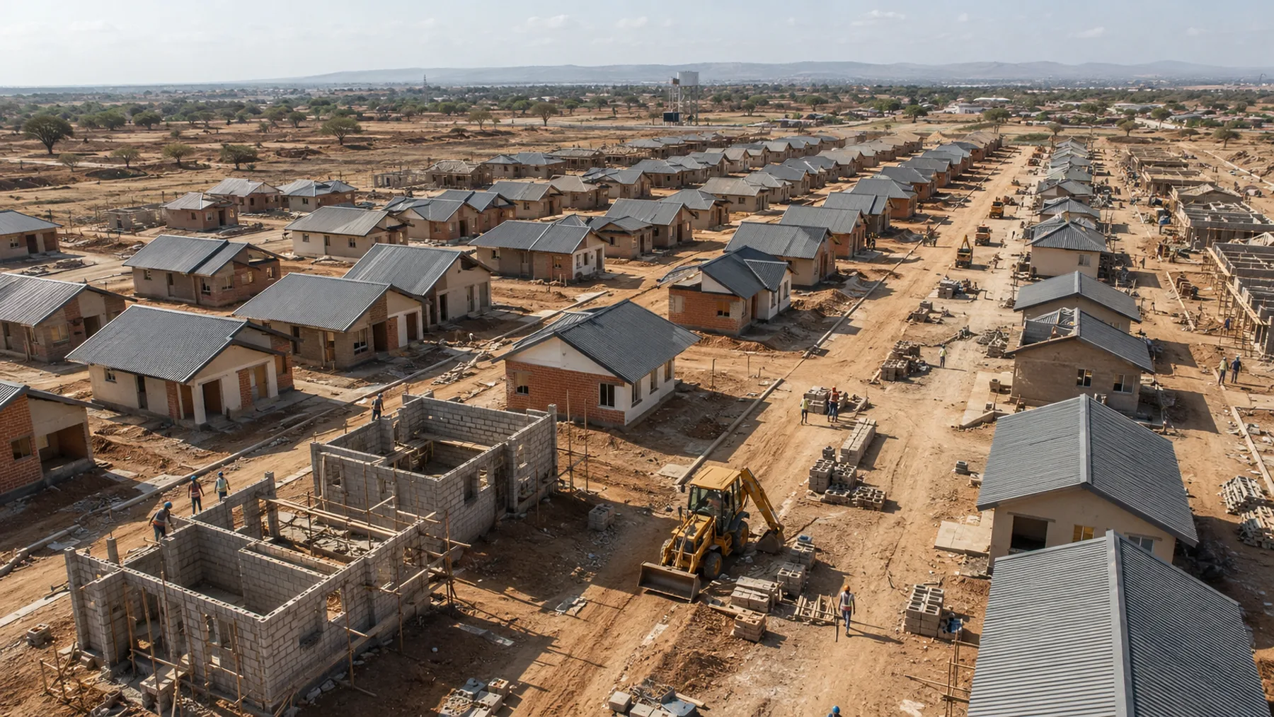 Worker housing development under construction with roads and service infrastructure